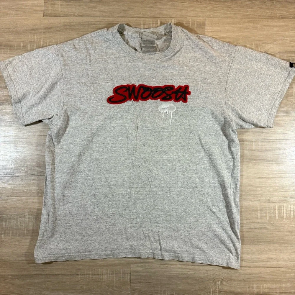 Vtg Nike Center Swoosh Spell Out Logo Mens Sz L Gray T-Shirt Made With USA Fabri